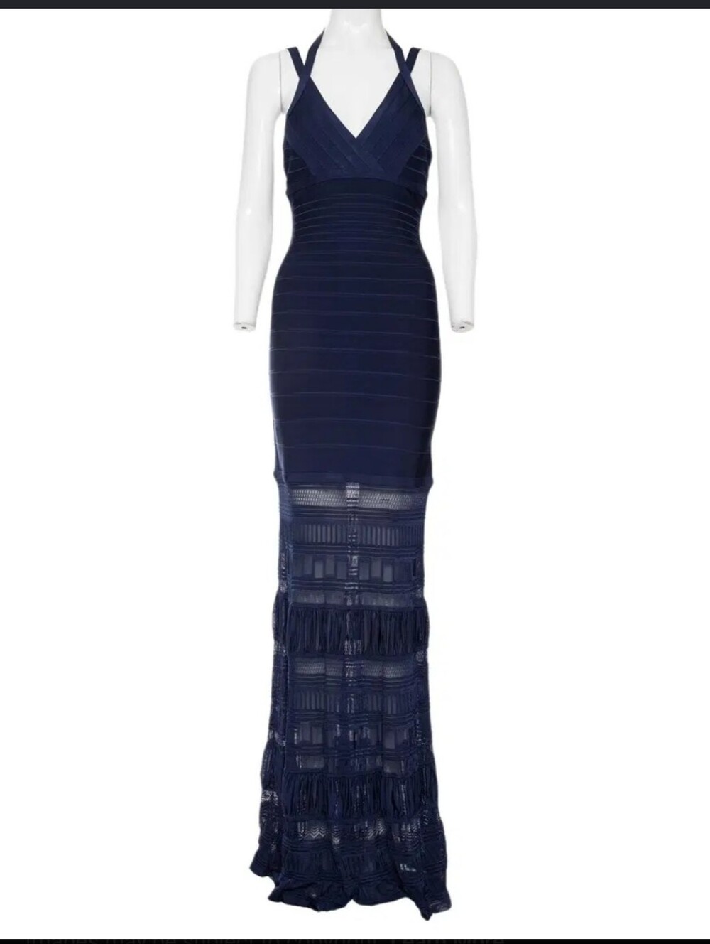 Herve Leger Navy Strappy Fringe Maxi Skirt